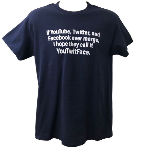 Gildan Heavy Cotton Navy Blue Graphic T-shirt Men's Unisex Novelty Medium - Picture 1 of 8